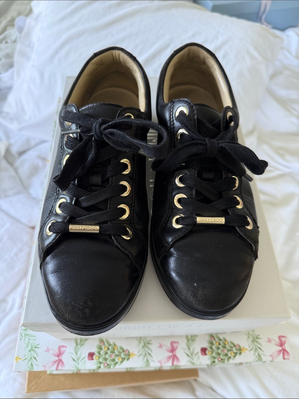 Jimmy Choo Black Leather Low-Top Sneakers with Gold Eyelets